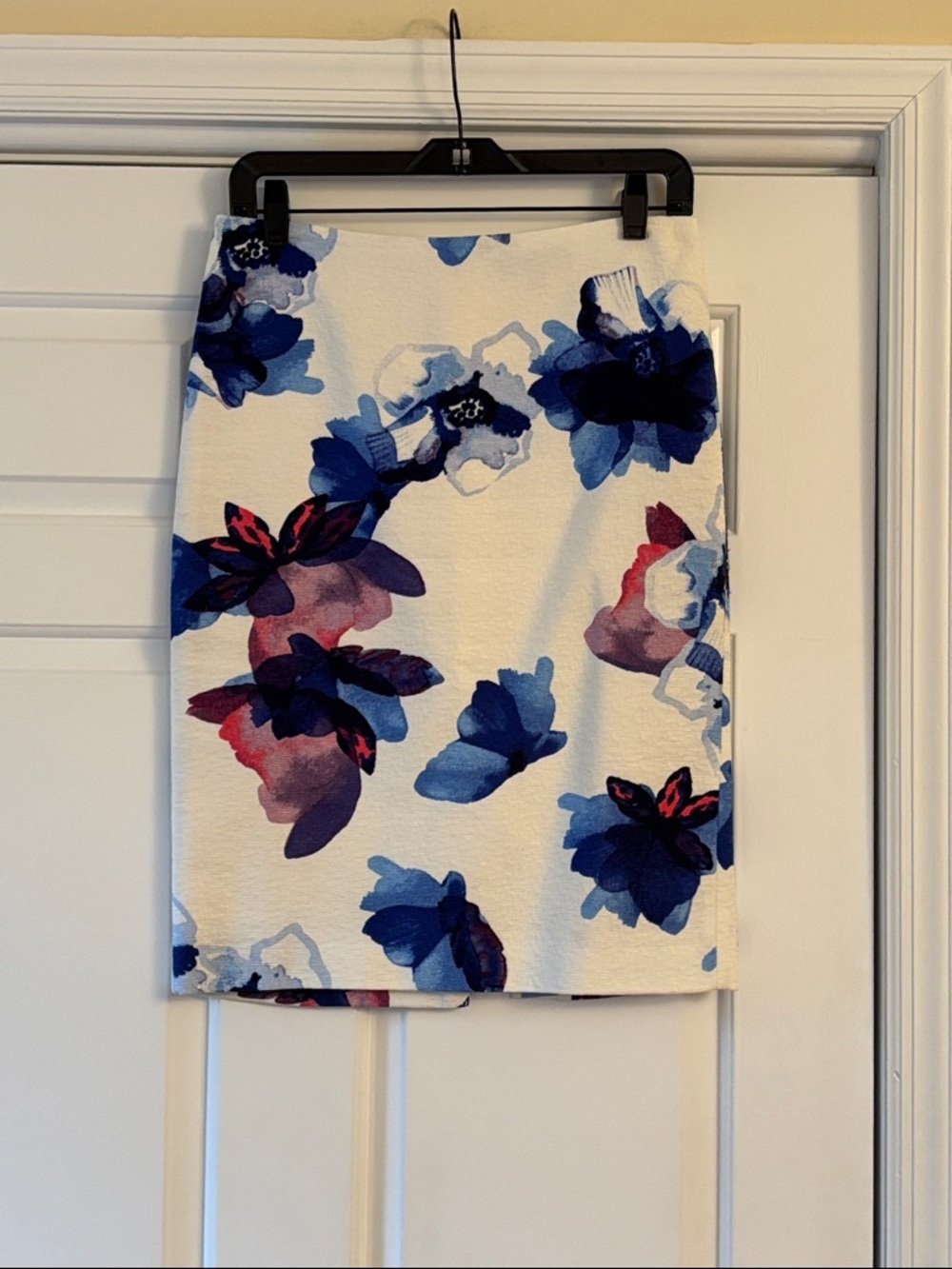 Banana Republic White Pencil Skirt with Blue and Pink Floral Print